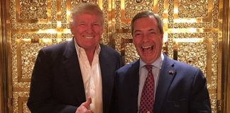 Donald Trump and Nigel Farage in a gold lift.