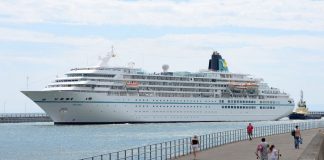 German Tourists Visit Swansea UNESCO Roadworks MS Amadea, Big Ship. Swansea